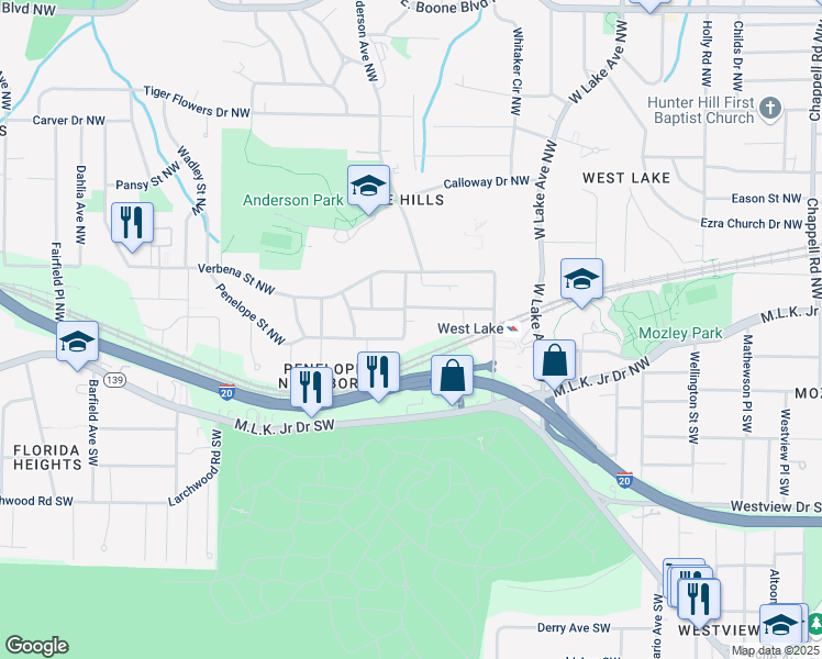 map of restaurants, bars, coffee shops, grocery stores, and more near 217 Penelope Drive Northwest in Atlanta