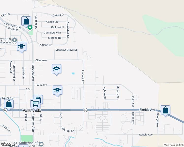 map of restaurants, bars, coffee shops, grocery stores, and more near 44590 Buntin Way in Hemet