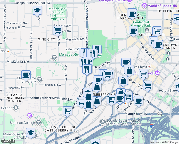 map of restaurants, bars, coffee shops, grocery stores, and more near 445 Markham Street Southwest in Atlanta