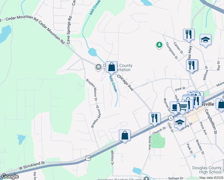 map of restaurants, bars, coffee shops, grocery stores, and more near 7128 Crystal Creek Place in Douglasville