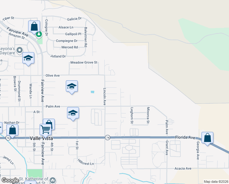 map of restaurants, bars, coffee shops, grocery stores, and more near 44590 Buntin Way in Hemet