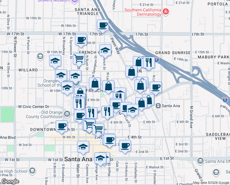 map of restaurants, bars, coffee shops, grocery stores, and more near 825 North Lacy Street in Santa Ana