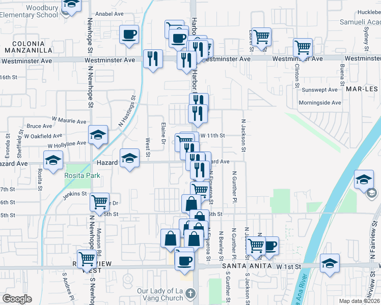 map of restaurants, bars, coffee shops, grocery stores, and more near 910 North Harbor Boulevard in Santa Ana