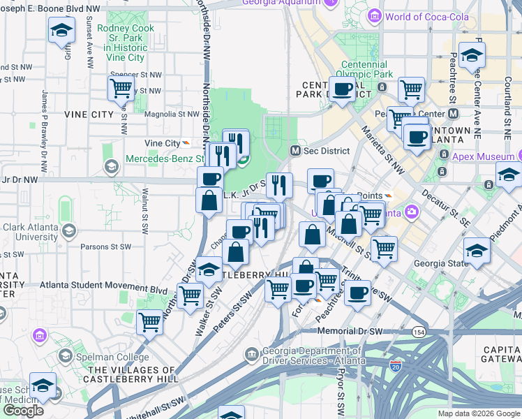 map of restaurants, bars, coffee shops, grocery stores, and more near 99 Centennial Olympic Park Drive Northwest in Atlanta