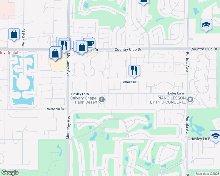 map of restaurants, bars, coffee shops, grocery stores, and more near 40670 Posada Court in Palm Desert