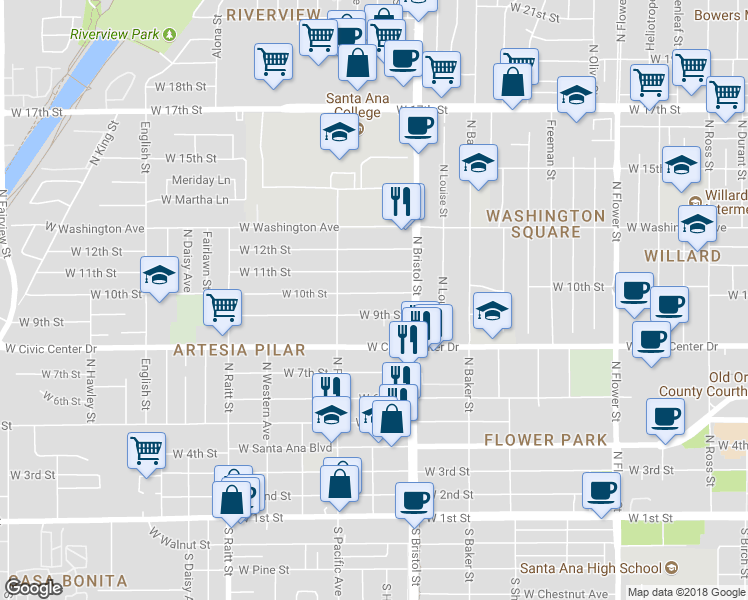 map of restaurants, bars, coffee shops, grocery stores, and more near 1402 West 10th Street in Santa Ana