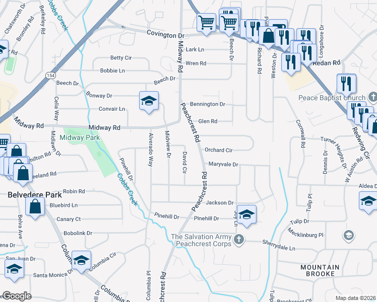 map of restaurants, bars, coffee shops, grocery stores, and more near 1376 David Circle in Decatur