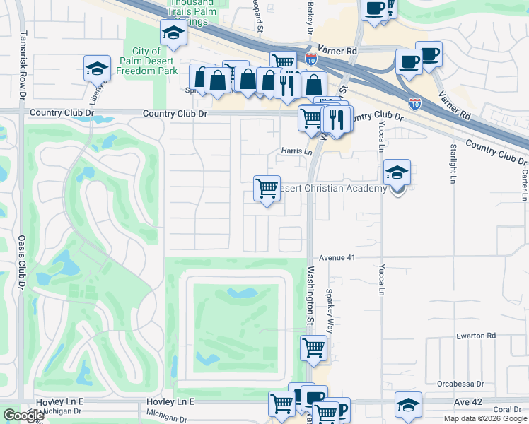 map of restaurants, bars, coffee shops, grocery stores, and more near 77818 Calypso Road in Palm Desert