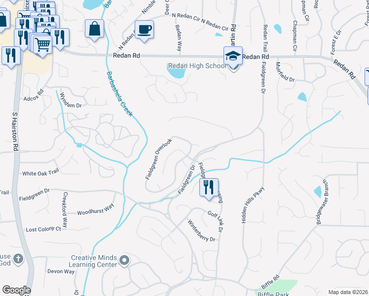 map of restaurants, bars, coffee shops, grocery stores, and more near 5090 Fieldgreen Crossing in Stone Mountain