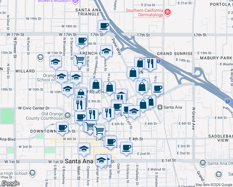 map of restaurants, bars, coffee shops, grocery stores, and more near 825 North Lacy Street in Santa Ana
