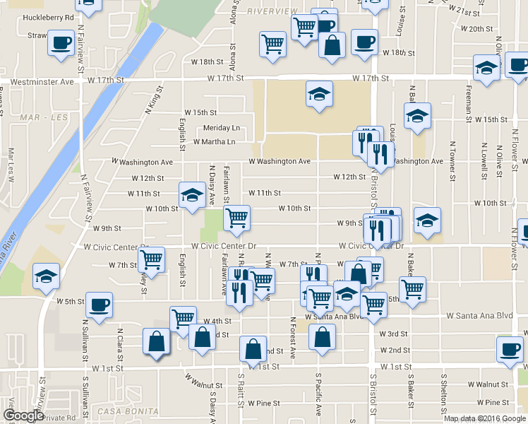 map of restaurants, bars, coffee shops, grocery stores, and more near 1619 West 9th Street in Santa Ana