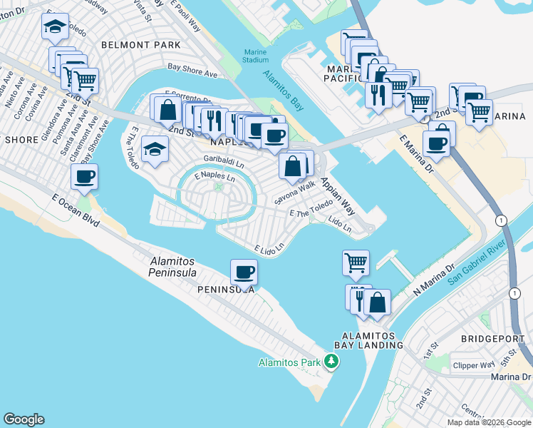 map of restaurants, bars, coffee shops, grocery stores, and more near 81 Savona Walk in Long Beach