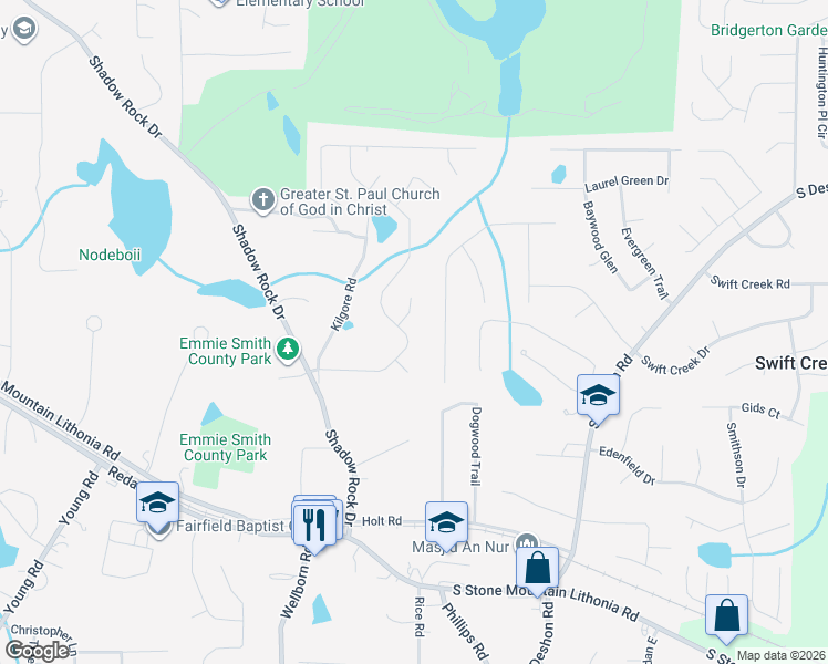 map of restaurants, bars, coffee shops, grocery stores, and more near 5989 Valley Green Road in Lithonia