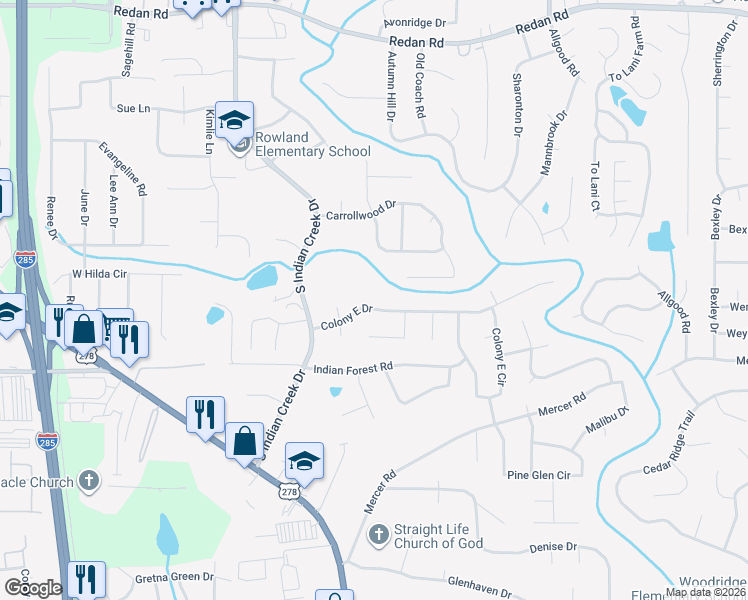 map of restaurants, bars, coffee shops, grocery stores, and more near 4220 Colony East Drive in Stone Mountain
