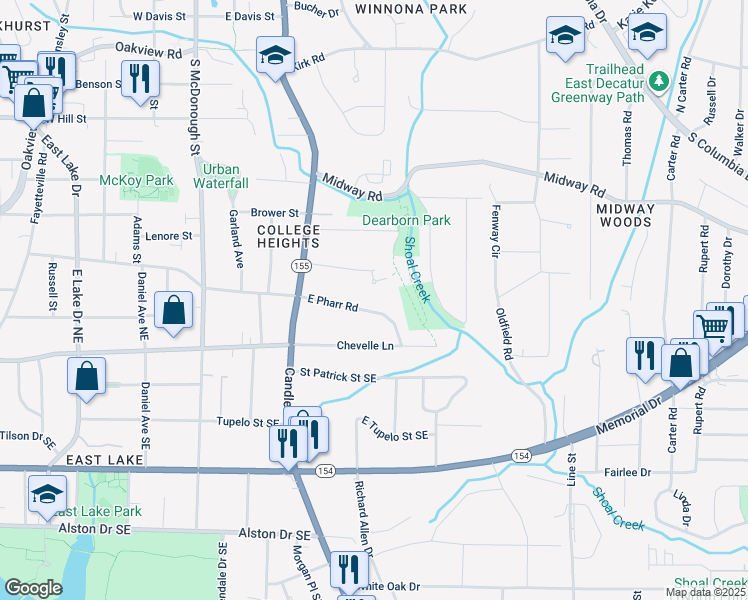 map of restaurants, bars, coffee shops, grocery stores, and more near 470 East Pharr Road in Decatur