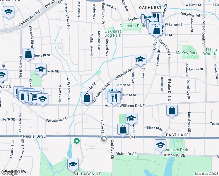 map of restaurants, bars, coffee shops, grocery stores, and more near 1622 Oakview Road in Decatur