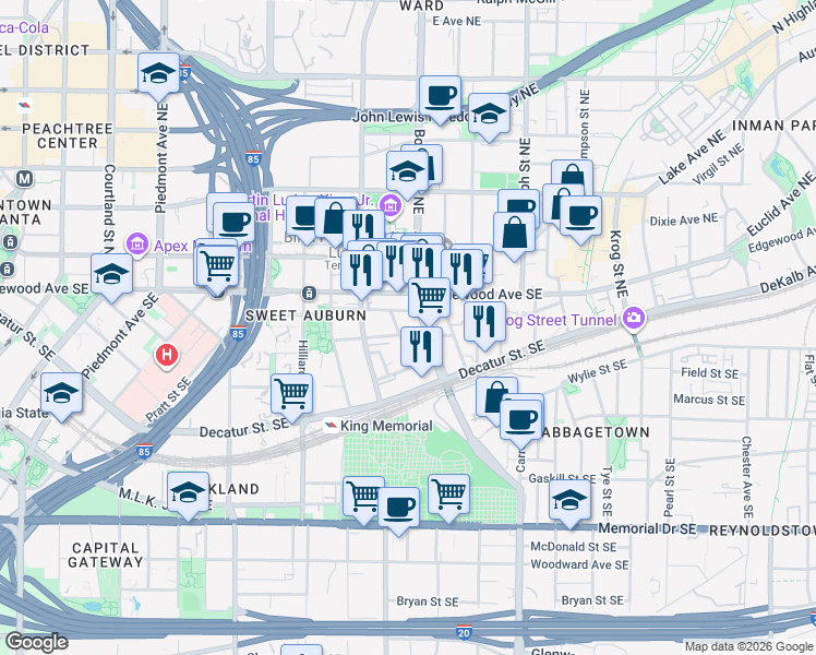 map of restaurants, bars, coffee shops, grocery stores, and more near 49 Boulevard Southeast in Atlanta