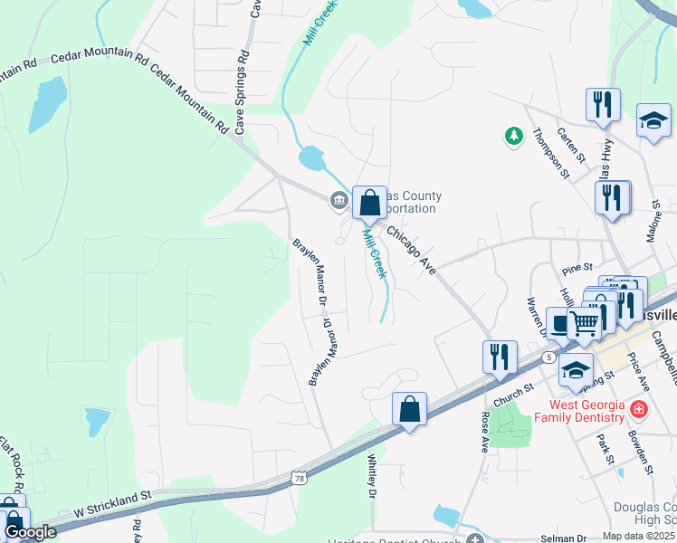 map of restaurants, bars, coffee shops, grocery stores, and more near 8484 Glenview Street in Douglasville