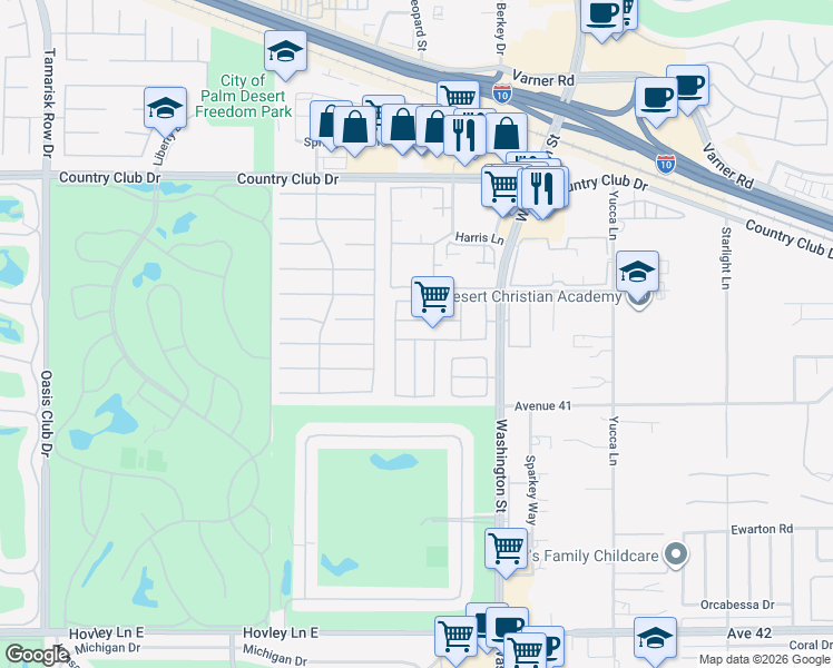 map of restaurants, bars, coffee shops, grocery stores, and more near 77818 Calypso Road in Palm Desert