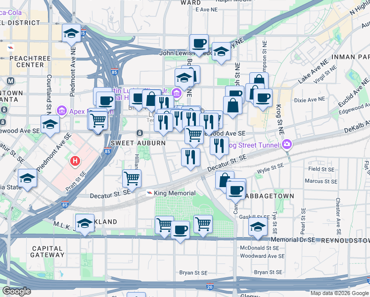 map of restaurants, bars, coffee shops, grocery stores, and more near 49 Boulevard Southeast in Atlanta