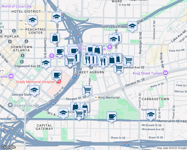 map of restaurants, bars, coffee shops, grocery stores, and more near 98 William Holmes Borders Senior Drive Southeast in Atlanta