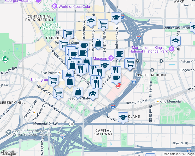 map of restaurants, bars, coffee shops, grocery stores, and more near  in Atlanta