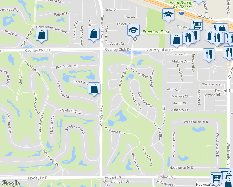 map of restaurants, bars, coffee shops, grocery stores, and more near 40649 Inverness Way in Palm Desert