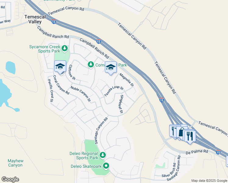 map of restaurants, bars, coffee shops, grocery stores, and more near 11354 Chinaberry Street in Corona