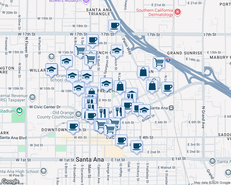 map of restaurants, bars, coffee shops, grocery stores, and more near 905 North Minter Street in Santa Ana