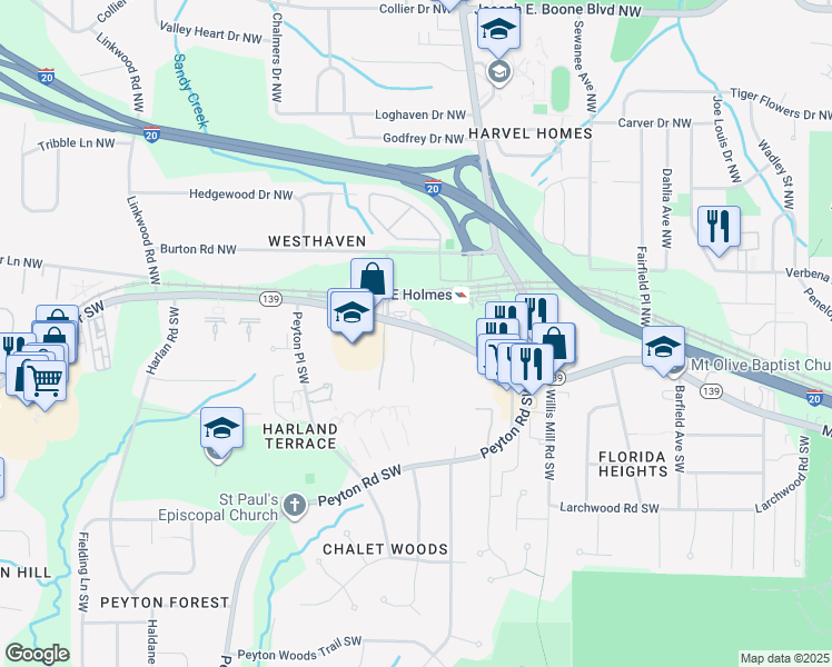 map of restaurants, bars, coffee shops, grocery stores, and more near in Atlanta