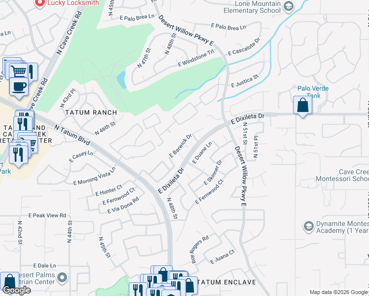 map of restaurants, bars, coffee shops, grocery stores, and more near 29442 North 49th Place in Cave Creek