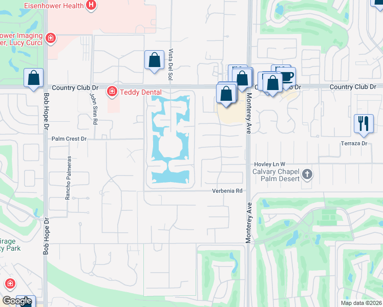 map of restaurants, bars, coffee shops, grocery stores, and more near 14 Calle La Reina in Rancho Mirage