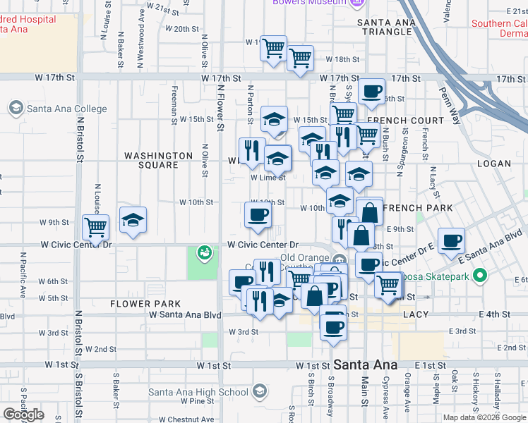 map of restaurants, bars, coffee shops, grocery stores, and more near 846 North Van Ness Avenue in Santa Ana