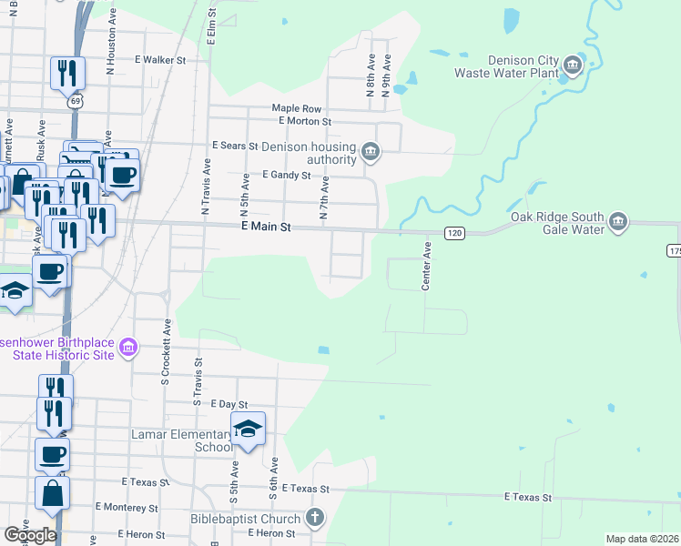 map of restaurants, bars, coffee shops, grocery stores, and more near 726 East Crawford Street in Denison