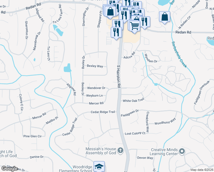 map of restaurants, bars, coffee shops, grocery stores, and more near 4670 Wendover Drive in Stone Mountain