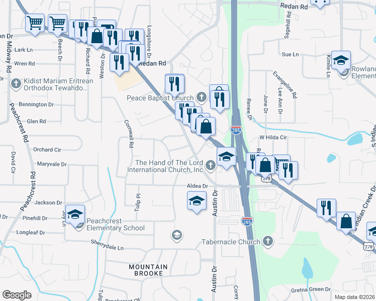 map of restaurants, bars, coffee shops, grocery stores, and more near 3723 Loren Drive in Decatur
