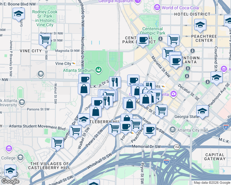 map of restaurants, bars, coffee shops, grocery stores, and more near 24 Elliott Street Southwest in Atlanta
