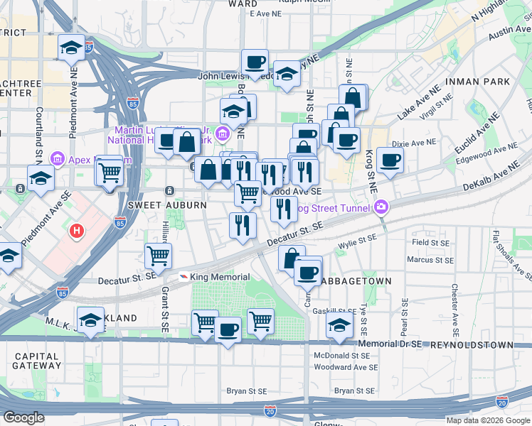 map of restaurants, bars, coffee shops, grocery stores, and more near 40 Daniel Street Southeast in Atlanta