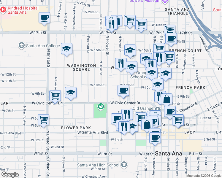 map of restaurants, bars, coffee shops, grocery stores, and more near 842 North Garnsey Street in Santa Ana