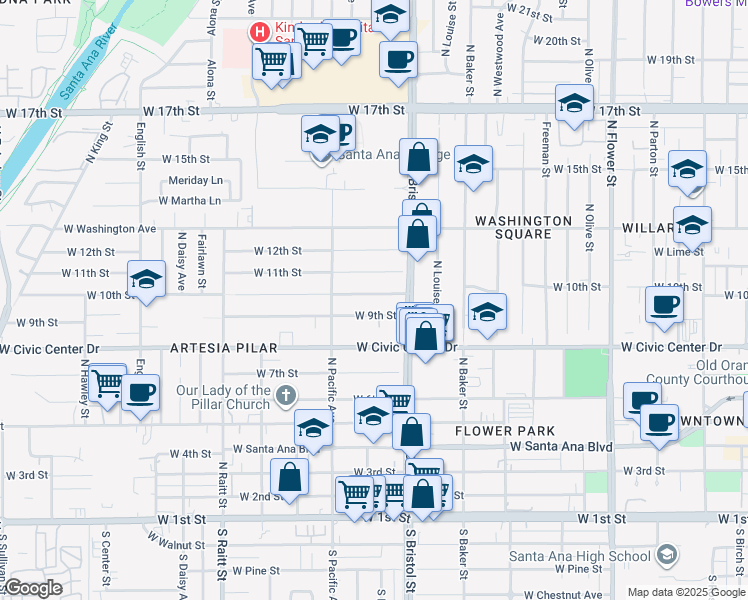 map of restaurants, bars, coffee shops, grocery stores, and more near 1402 West 10th Street in Santa Ana