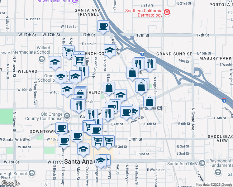 map of restaurants, bars, coffee shops, grocery stores, and more near 833 North Lacy Street in Santa Ana