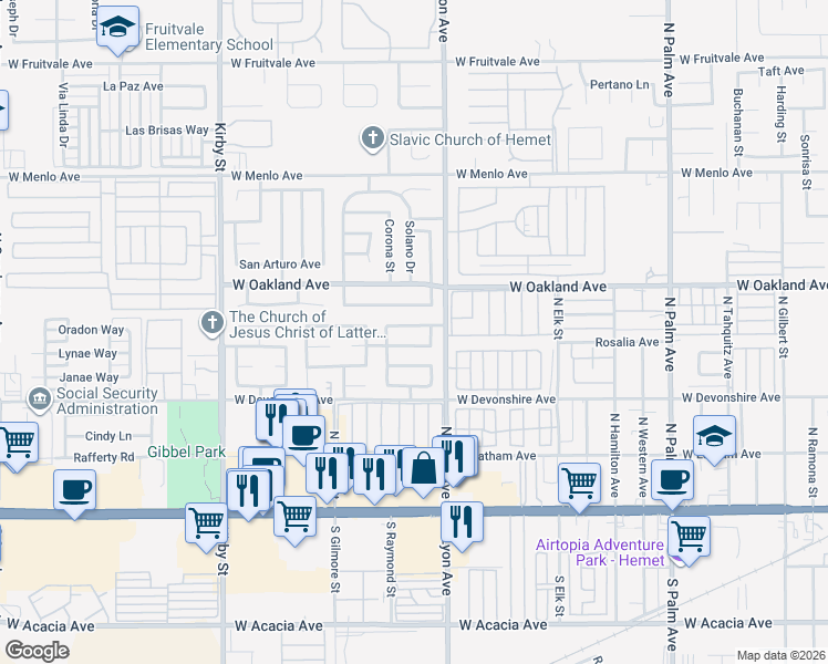 map of restaurants, bars, coffee shops, grocery stores, and more near 1887 Calle Amargosa in Hemet