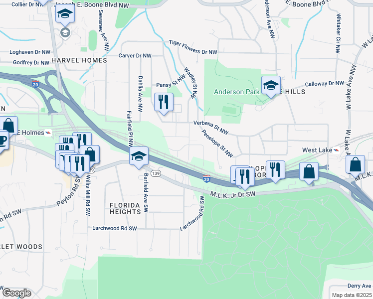 map of restaurants, bars, coffee shops, grocery stores, and more near 32 Wadley Street Northwest in Atlanta