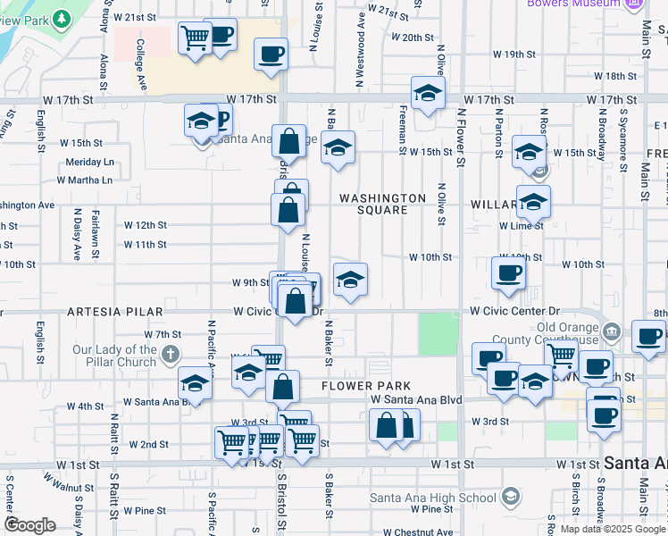 map of restaurants, bars, coffee shops, grocery stores, and more near 915 North Baker Street in Santa Ana
