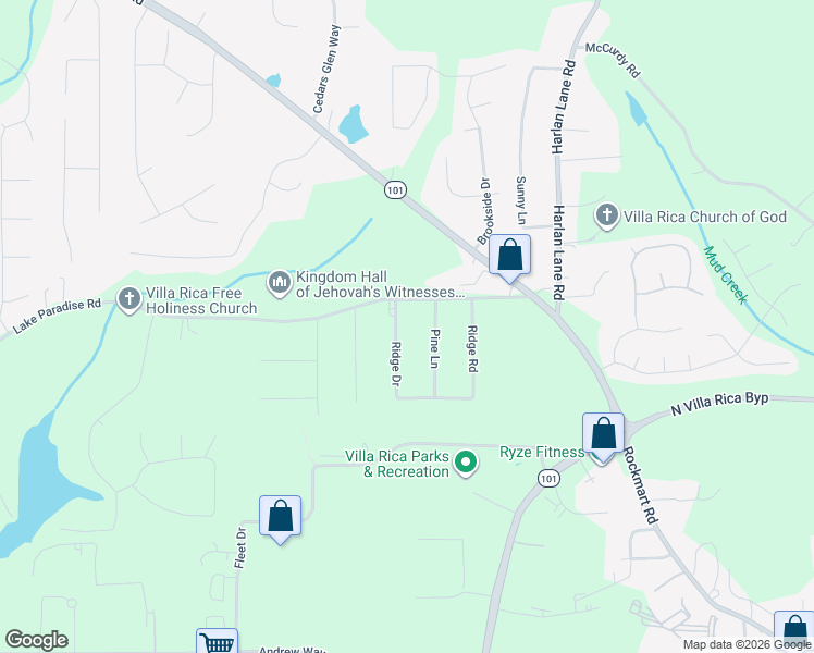 map of restaurants, bars, coffee shops, grocery stores, and more near 333 Ridge Drive in Villa Rica