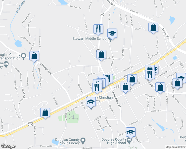 map of restaurants, bars, coffee shops, grocery stores, and more near 8313 92 Dallas Highway in Douglasville
