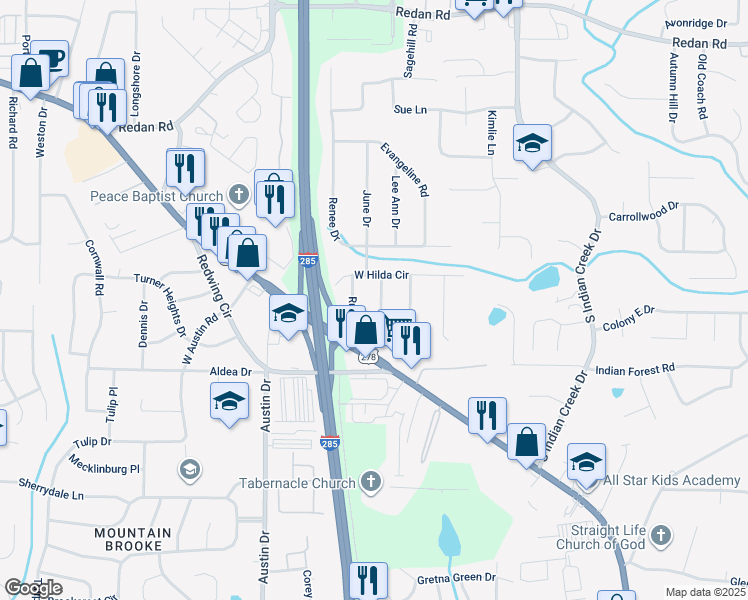 map of restaurants, bars, coffee shops, grocery stores, and more near 1371 Margarette Drive in Decatur