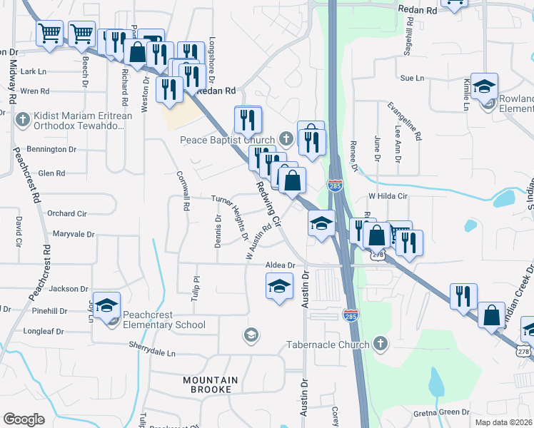 map of restaurants, bars, coffee shops, grocery stores, and more near 3723 Loren Drive in Decatur