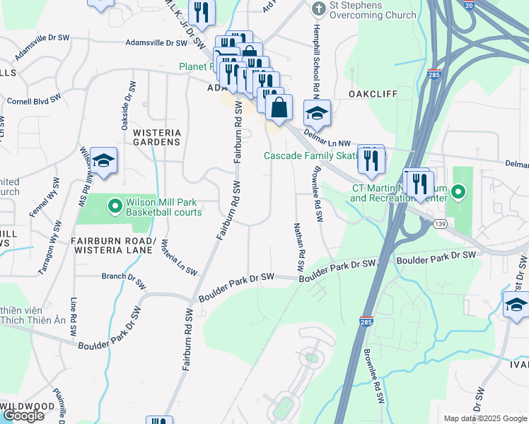 map of restaurants, bars, coffee shops, grocery stores, and more near 197 Howell Drive Southwest in Atlanta