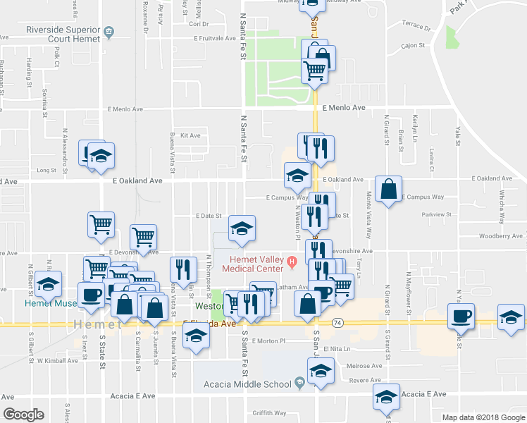 map of restaurants, bars, coffee shops, grocery stores, and more near 935 East Campus Way in Hemet